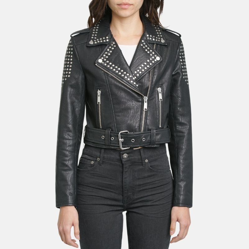 women punk style black studded leather jacket
