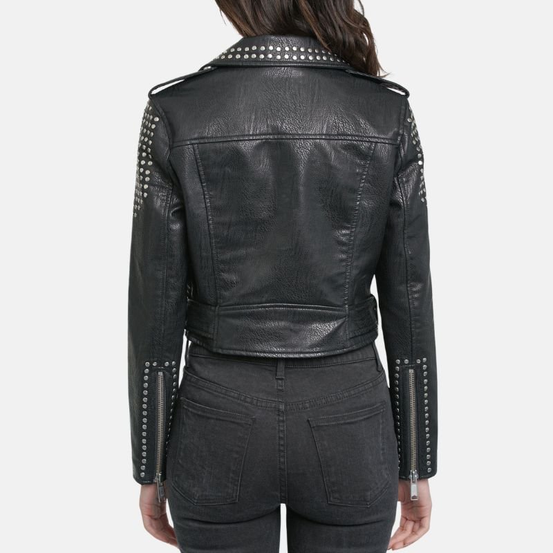 women punk style black studded leather jacket