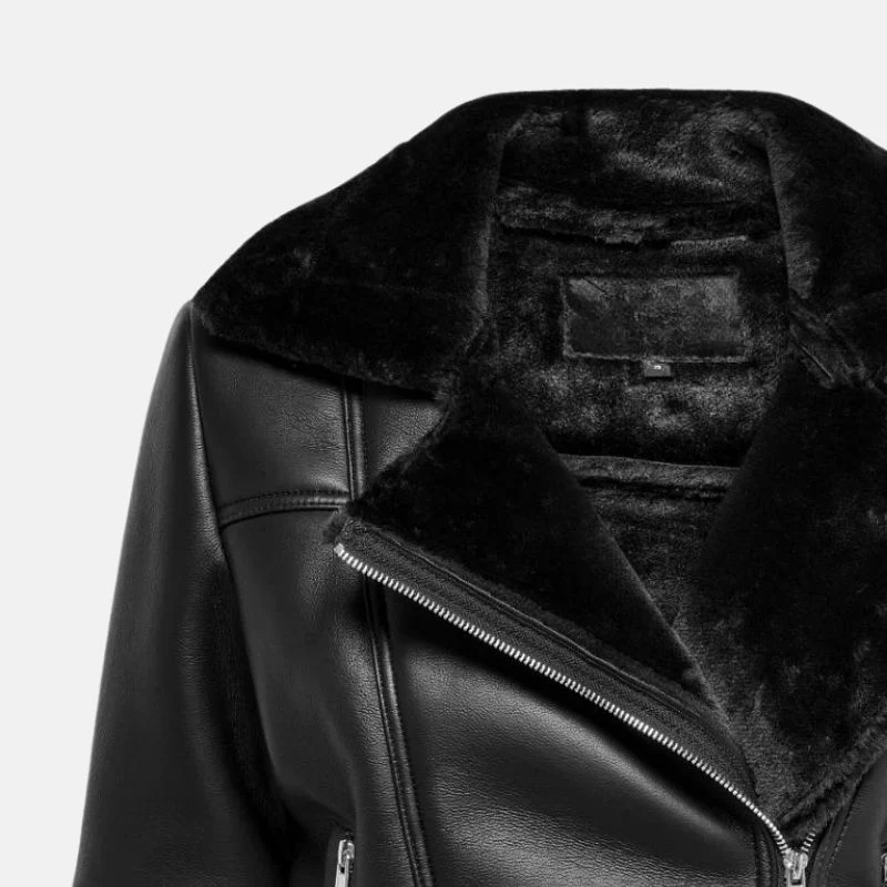 womens black shearling jacket with asymmetrical zipper