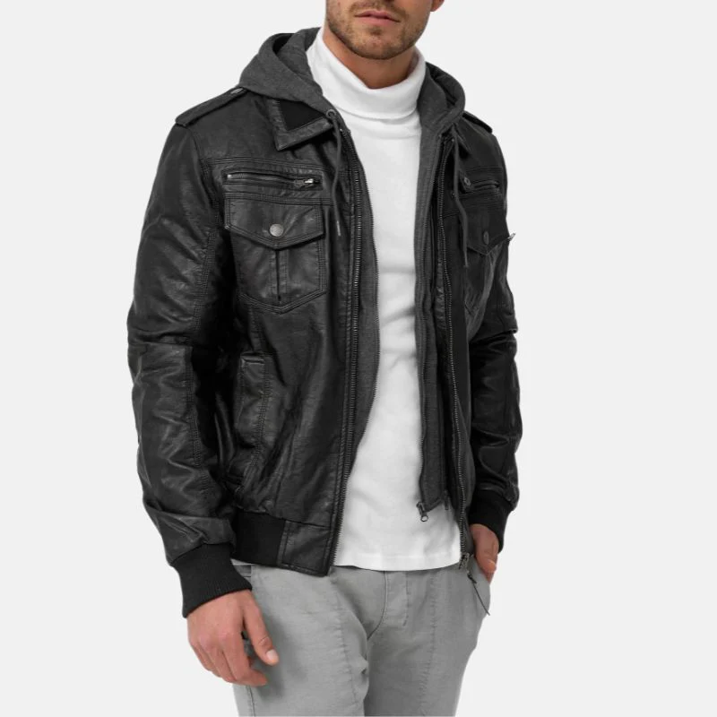 mens black bomber leather jacket with removable hood