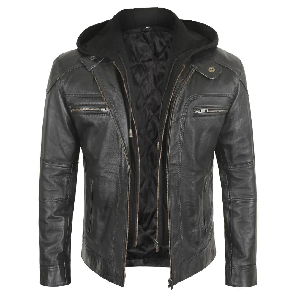 mens black hooded bker leather jacket with removable hood