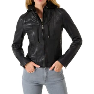 black cafe racer womens hooded leather jacket
