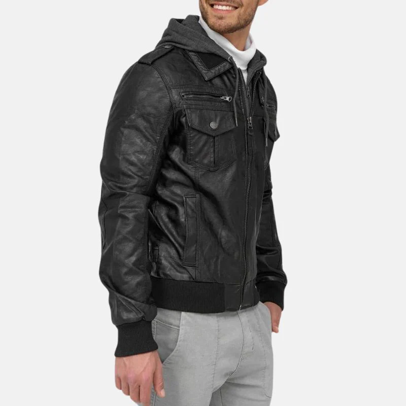 mens black bomber leather jacket with removable hood