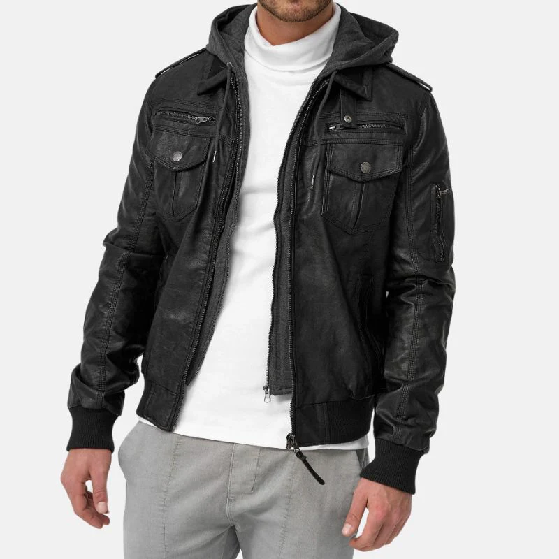 mens black bomber leather jacket with removable hood