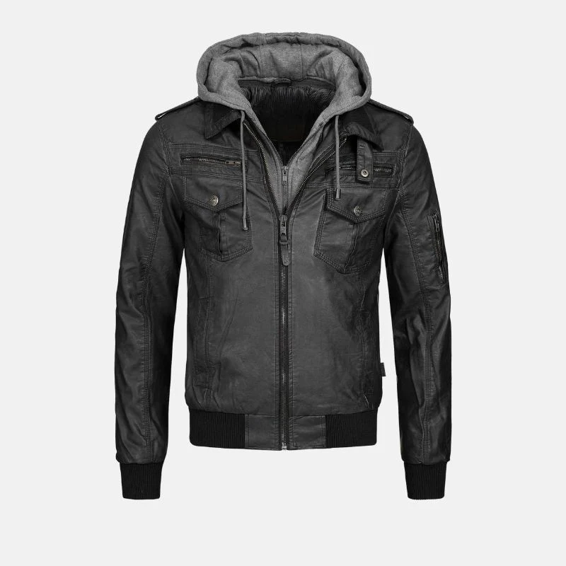 mens black bomber leather jacket with removable hood