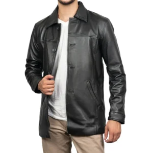 victor black mens 3/4 length lambskin leather car coat