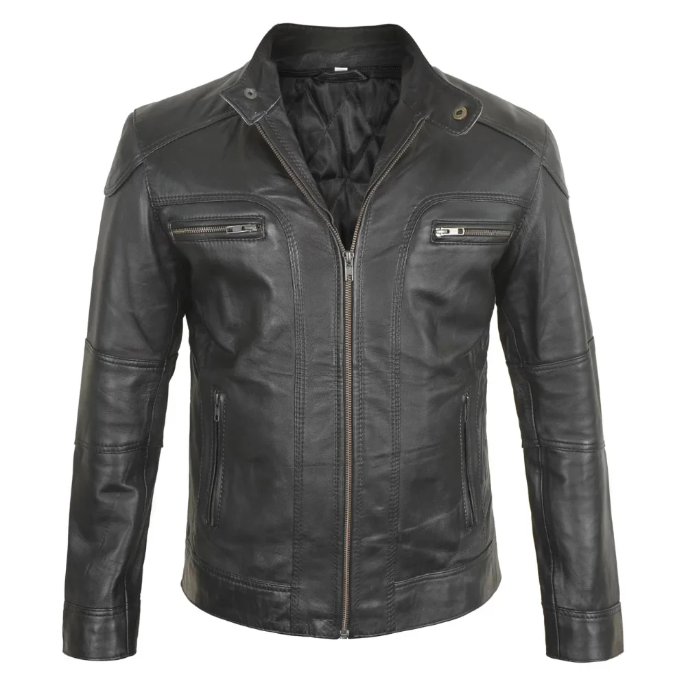 mens black hooded bker leather jacket with removable hood