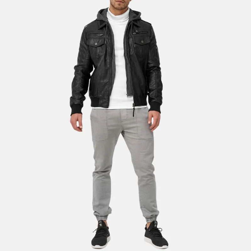 mens black bomber leather jacket with removable hood
