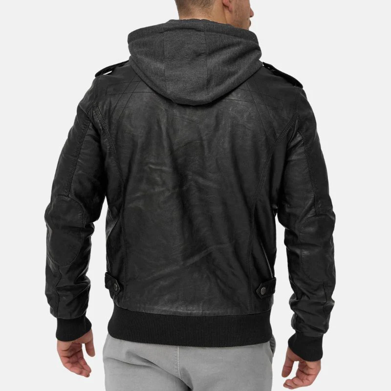 mens black bomber leather jacket with removable hood