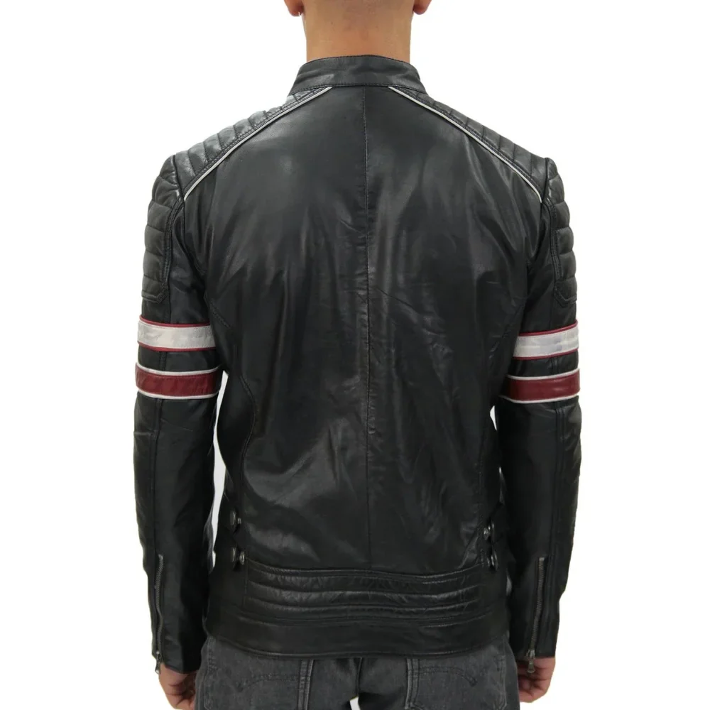 madrid mens black and red quilted leather racing jacket