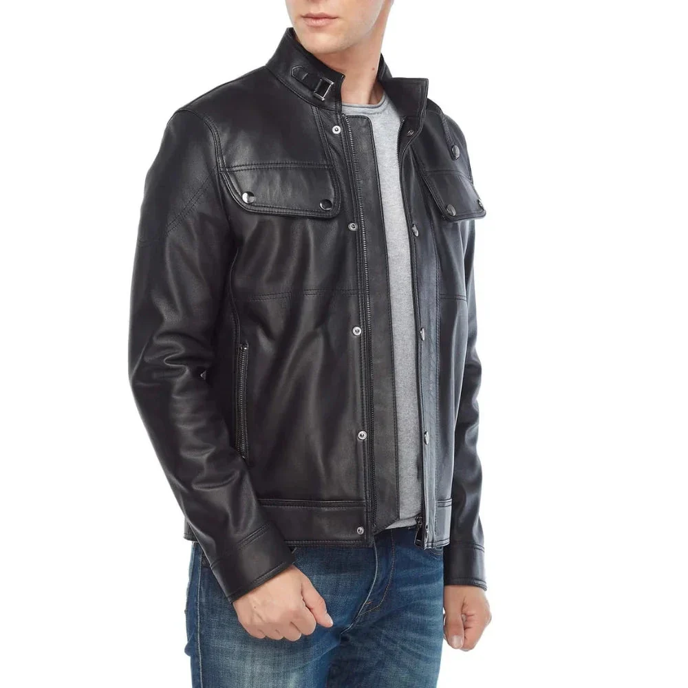 real lambskin regular fit black leather jackets for men