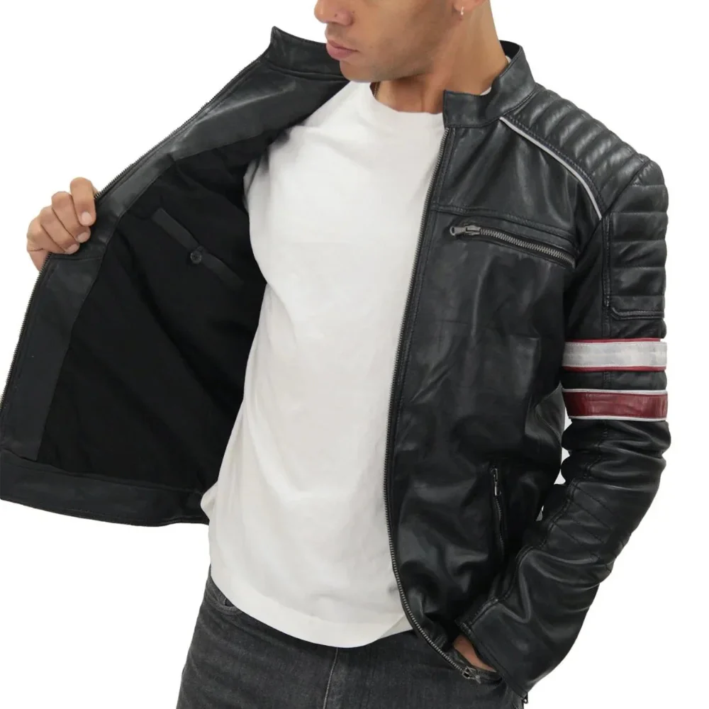 madrid mens black and red quilted leather racing jacket