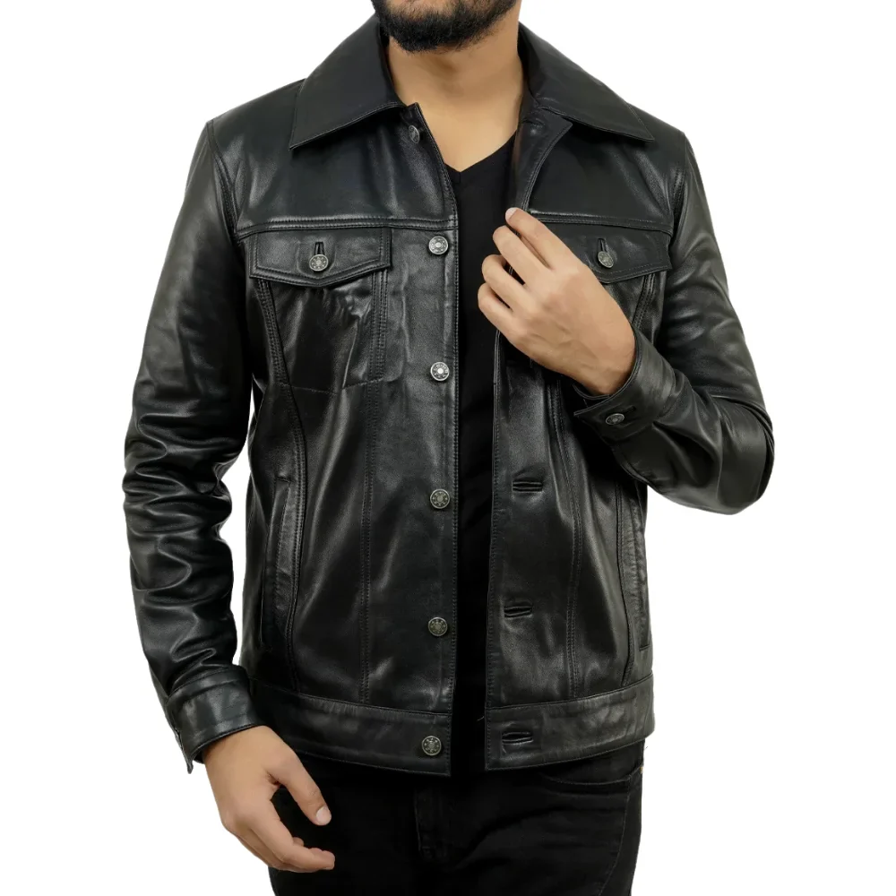holland black real leather trucker jacket mens