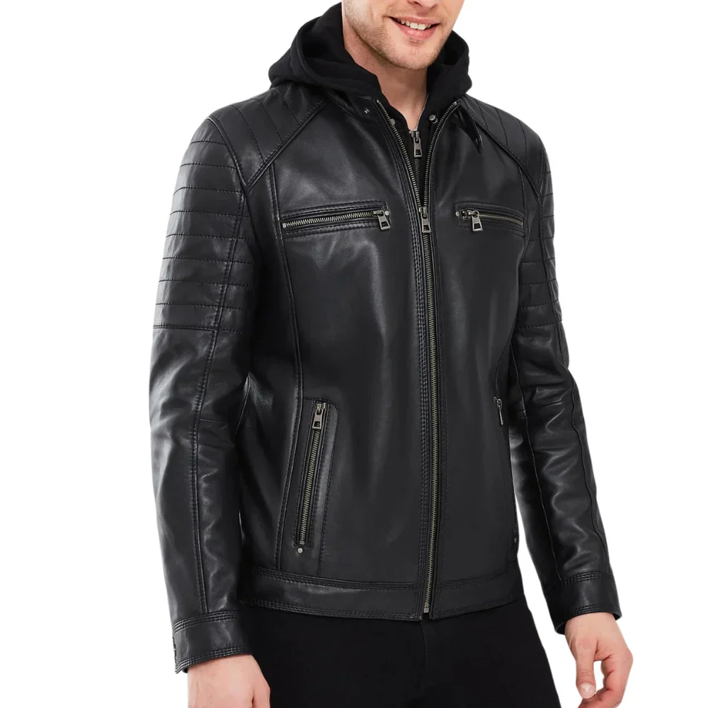 mens black leather moto jacket with removable hood