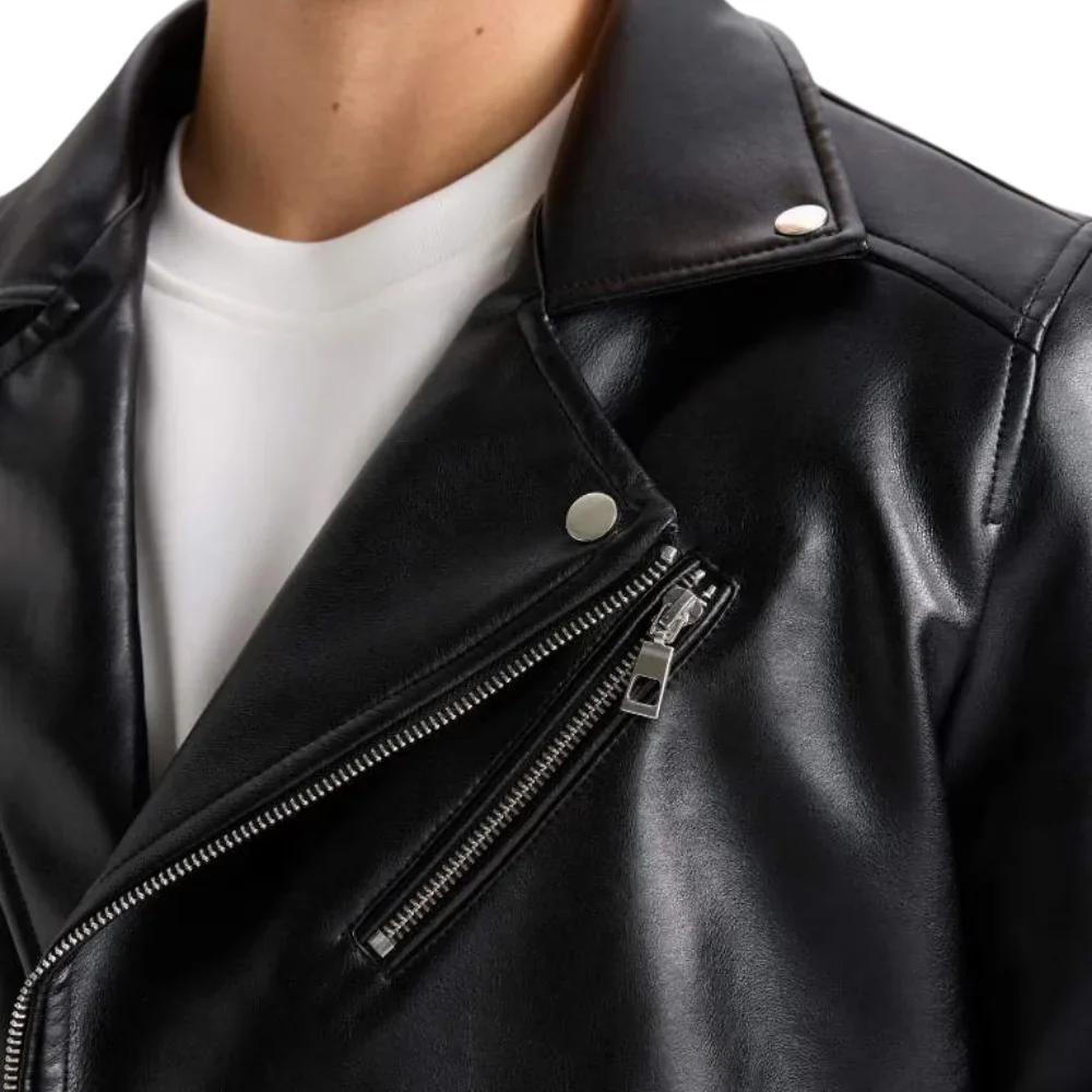 share american polo collar black men biker leather jacket