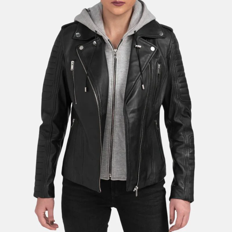 womens black motorcycle leather jacket with removable hood