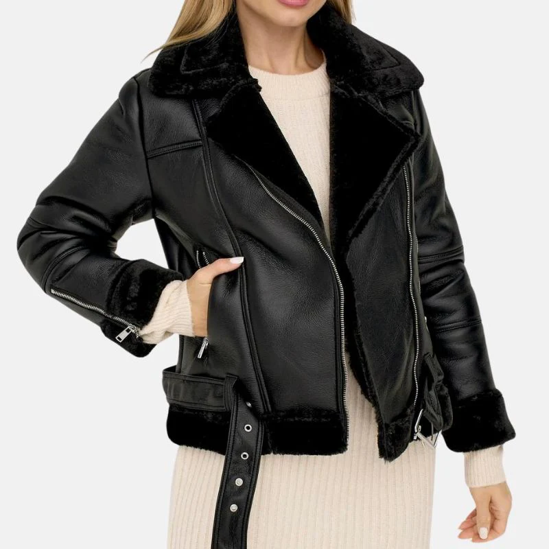 womens black shearling jacket with asymmetrical zipper