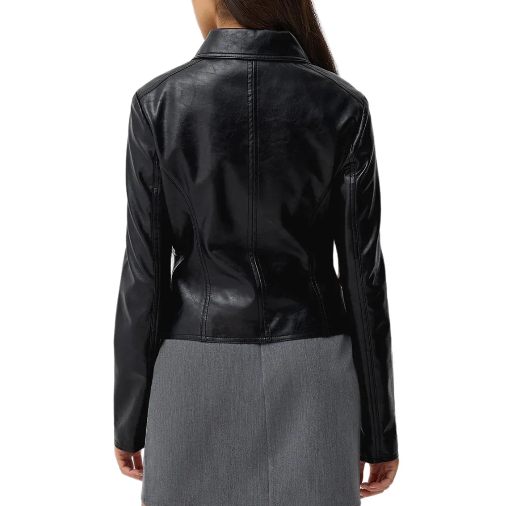 womens shirt collar leather black jacket