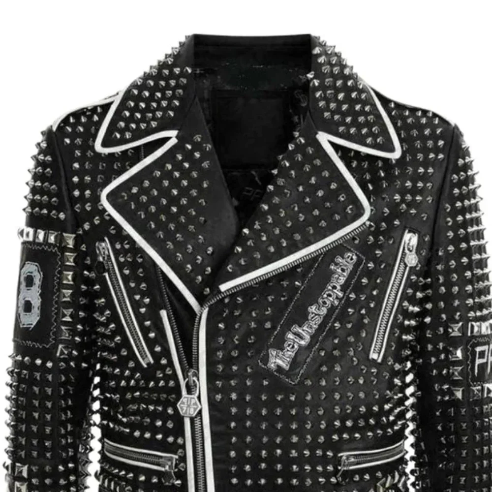 men's brando black and blue studded leather biker jacket