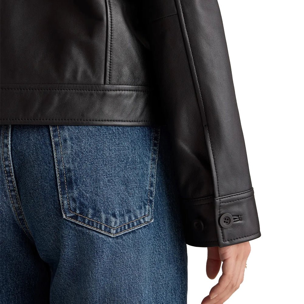 womens cropped black leather trucker jacket