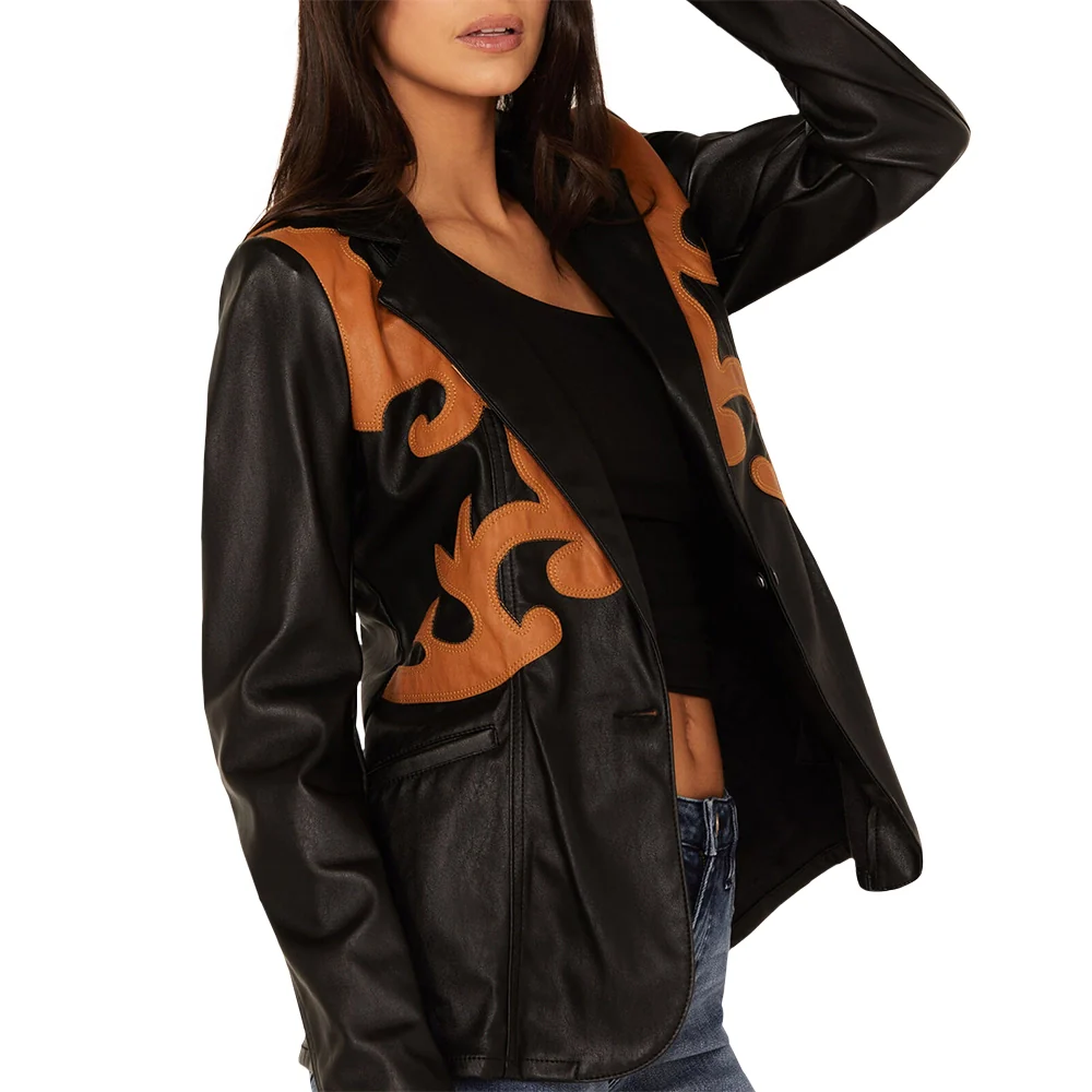 rock & roll western detailing black leather blazer women