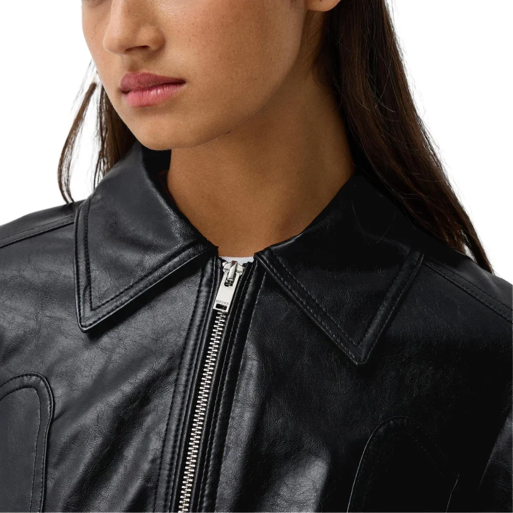 womens shirt collar leather black jacket