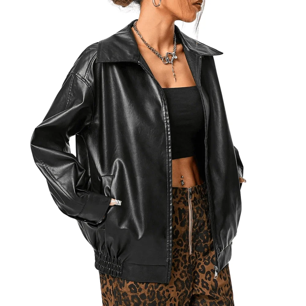 women's oversized black leather motorcycle jacket