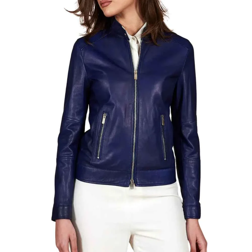 women's blue cafe racer leather jacket