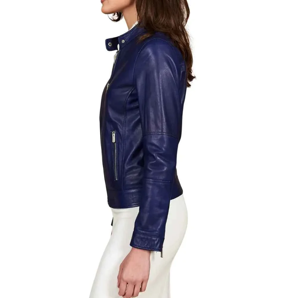 women's blue cafe racer leather jacket