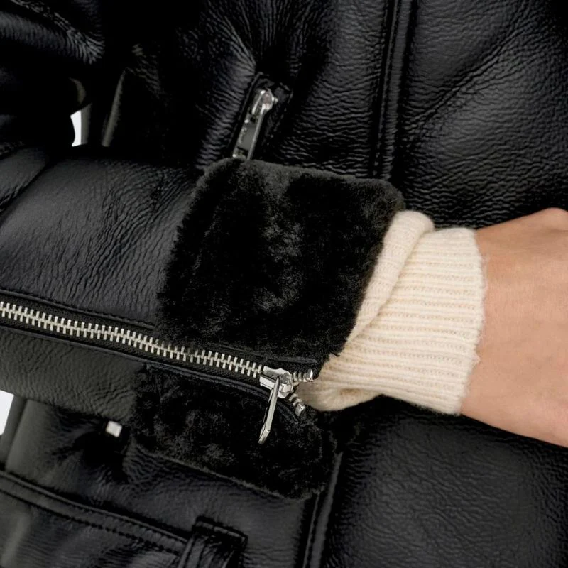 womens black shearling jacket with asymmetrical zipper
