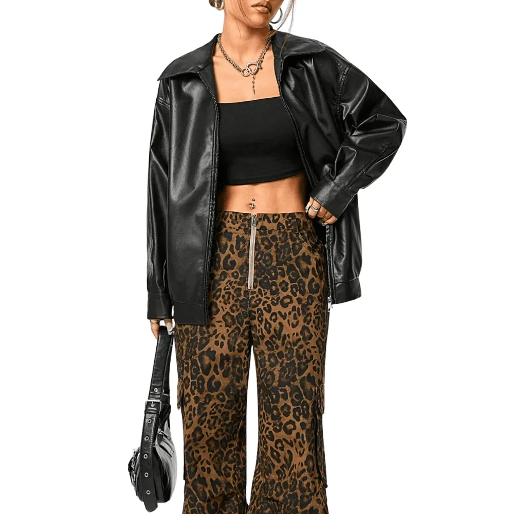 women's oversized black leather motorcycle jacket