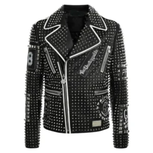 men's brando black and blue studded leather biker jacket