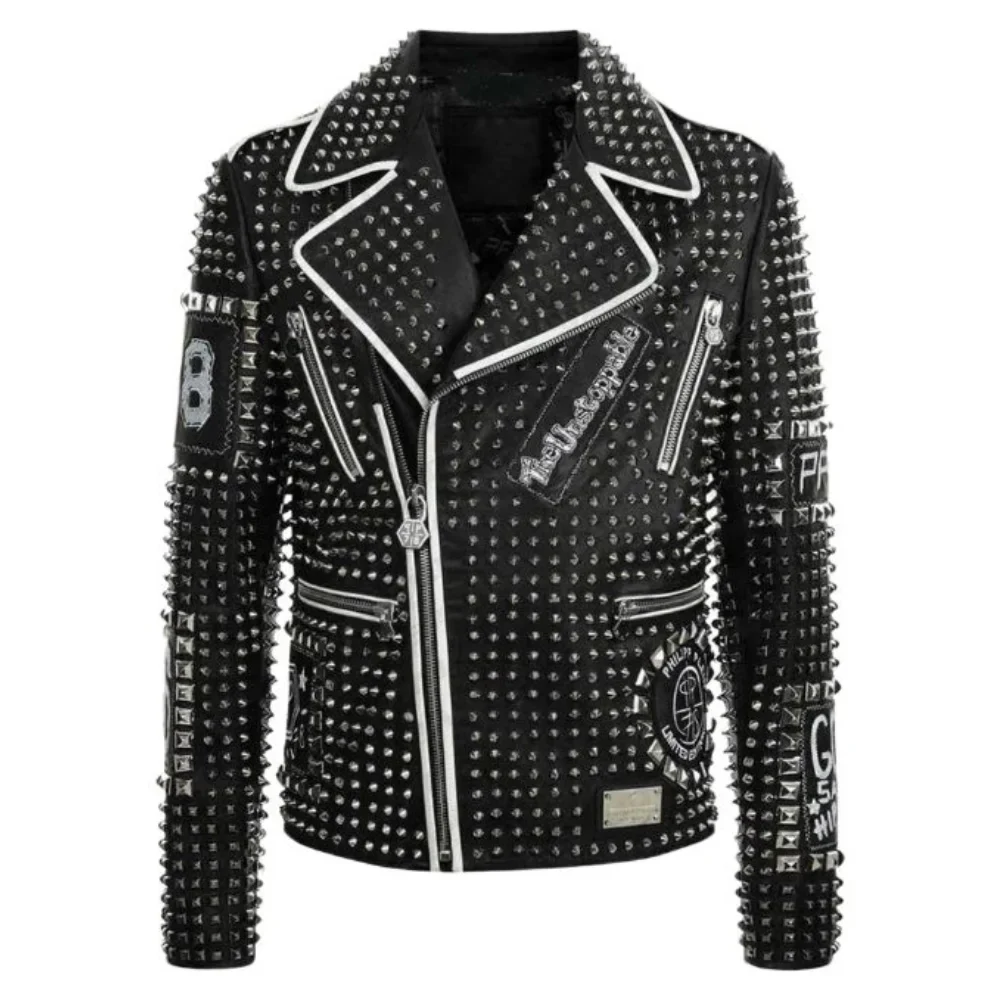 men's brando black and blue studded leather biker jacket
