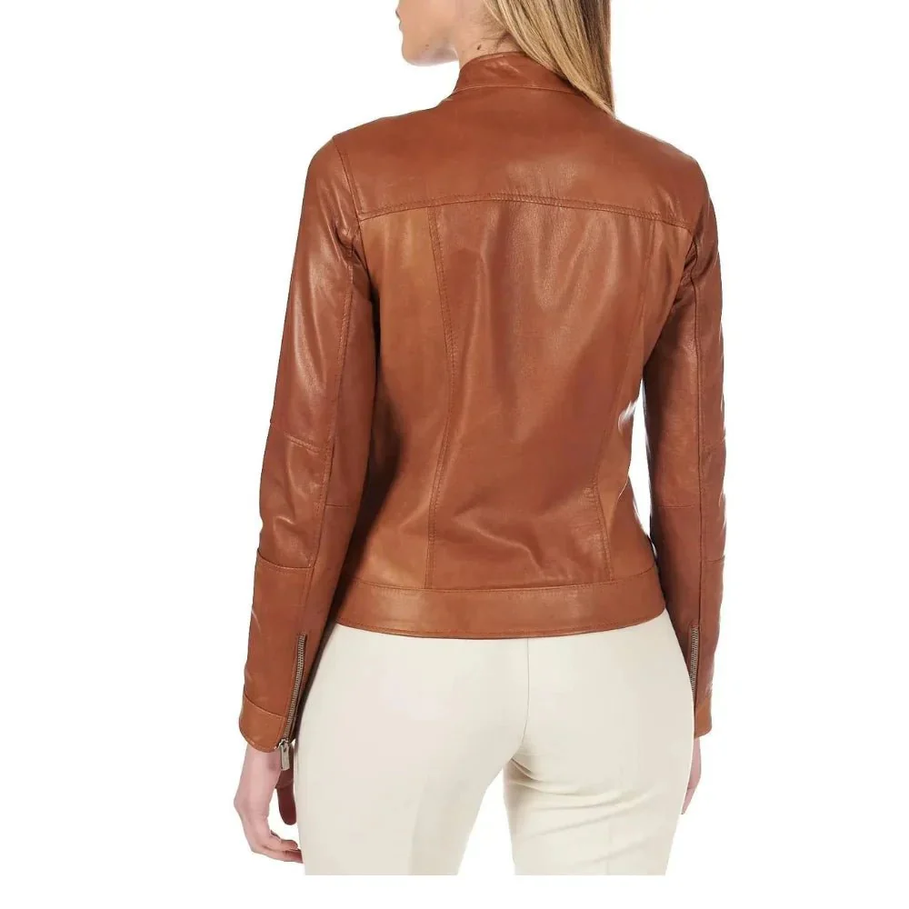 women's dark brown leather cafe racer jacket