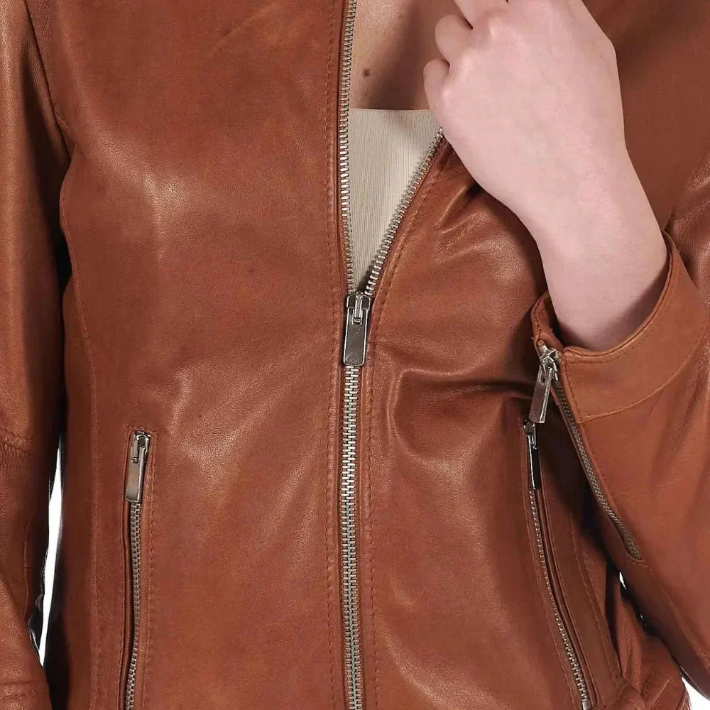women's dark brown leather cafe racer jacket
