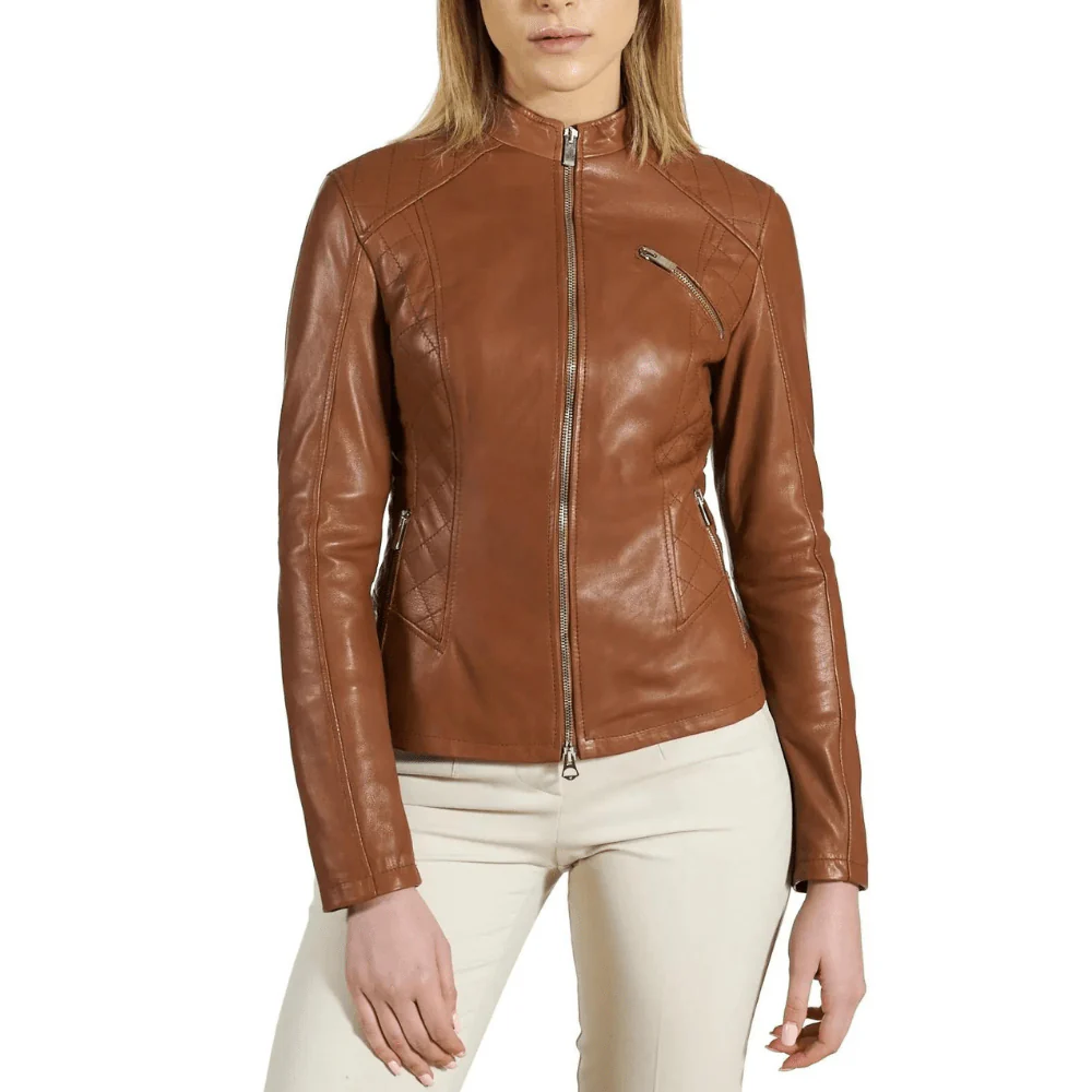 women's brown cafe racer leather motorcycle jacket
