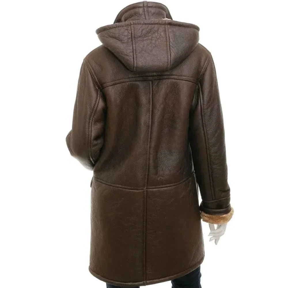 women's brown sheepskin duffle coat with hood