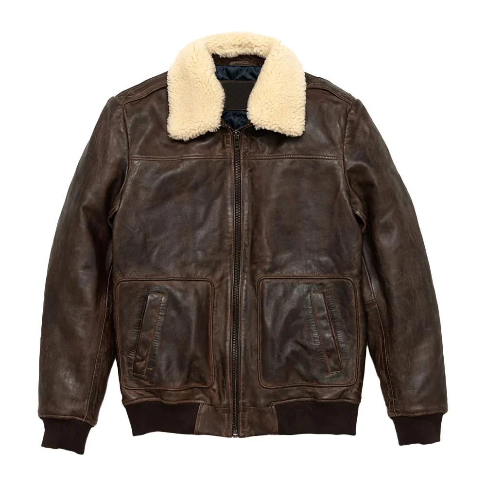 maverick vintage brown leather bomber jacket with detachable sherpa collar