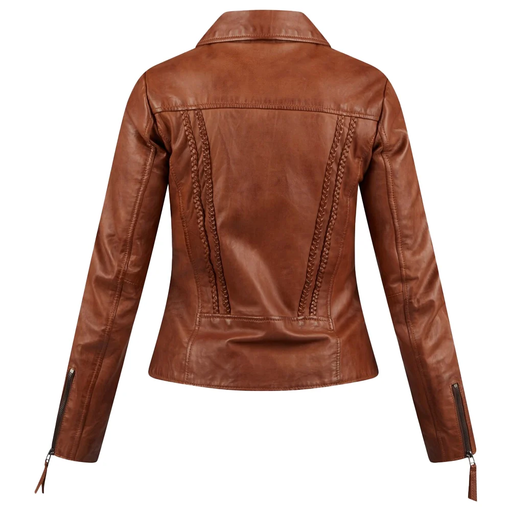 women asymmetrical cognac motorcycle leather jacket