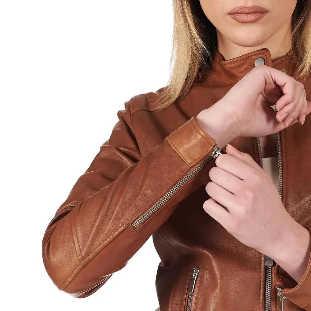 women's dark brown leather cafe racer jacket