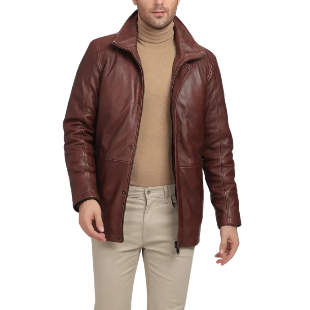men's real lambskin leather brown car coat
