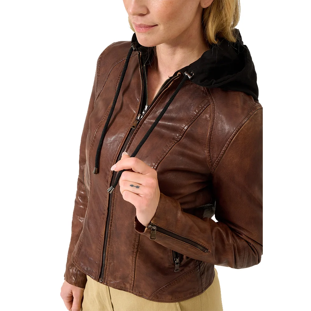 dark brown leather hooded jacket womens