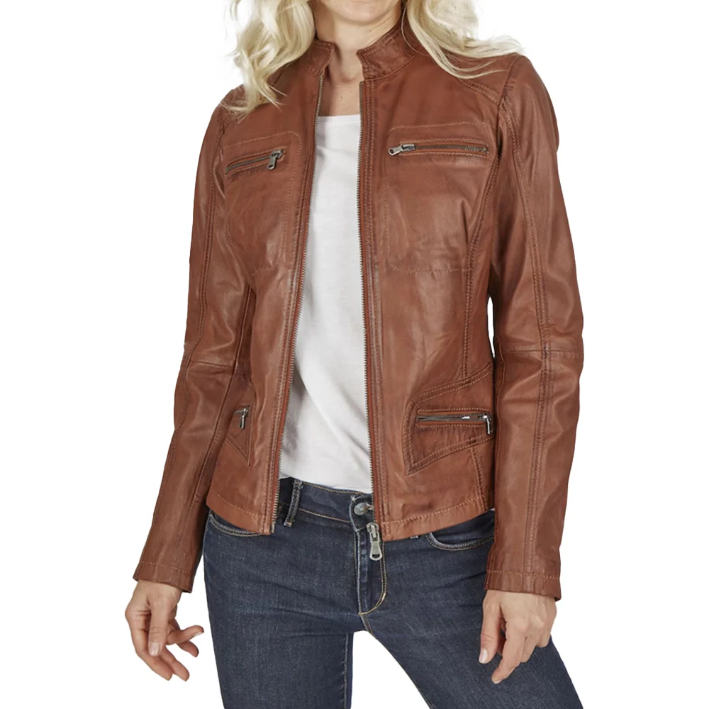 regular fit genuine lambskin brown womens leather jacket