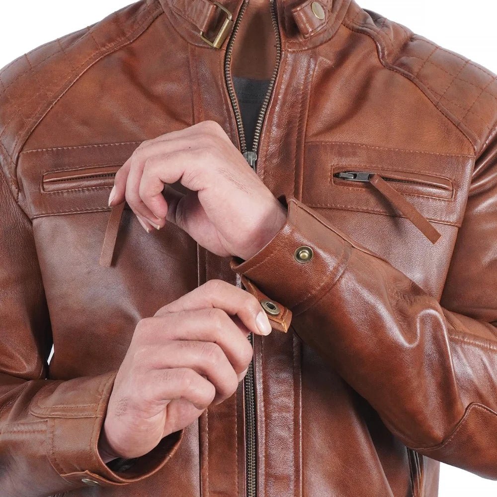 men's quilted shoulders café racer cognac leather jacket