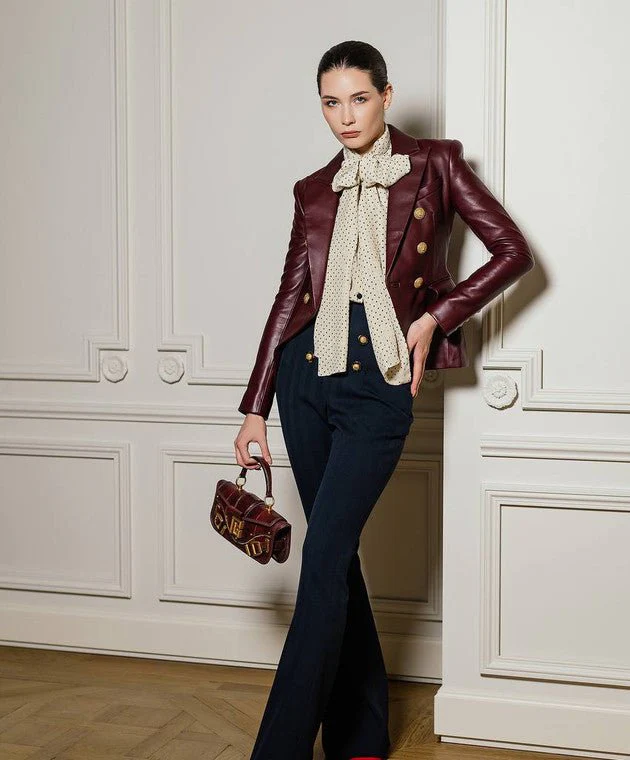 kim double breasted red leather blazer womens