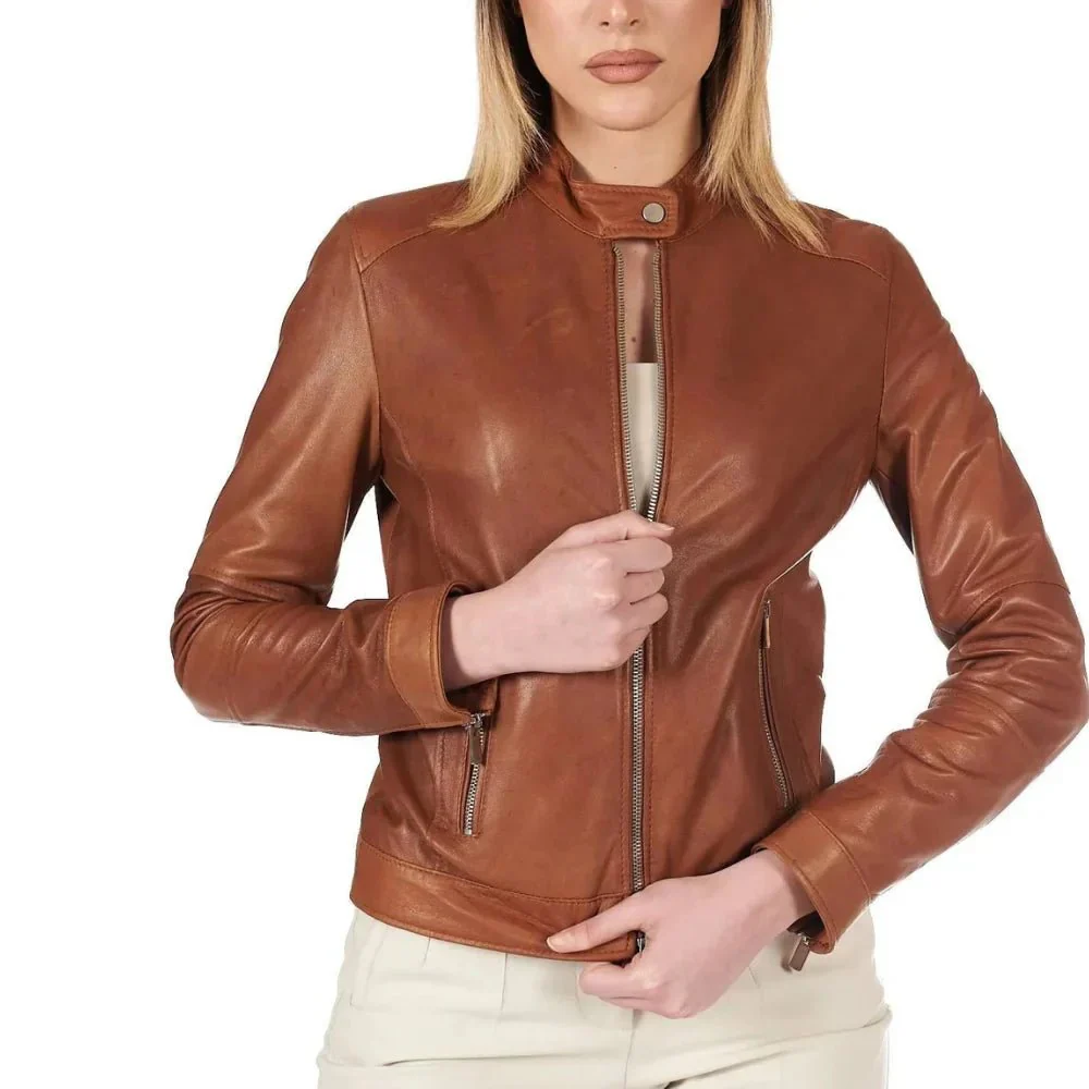 women's dark brown leather cafe racer jacket