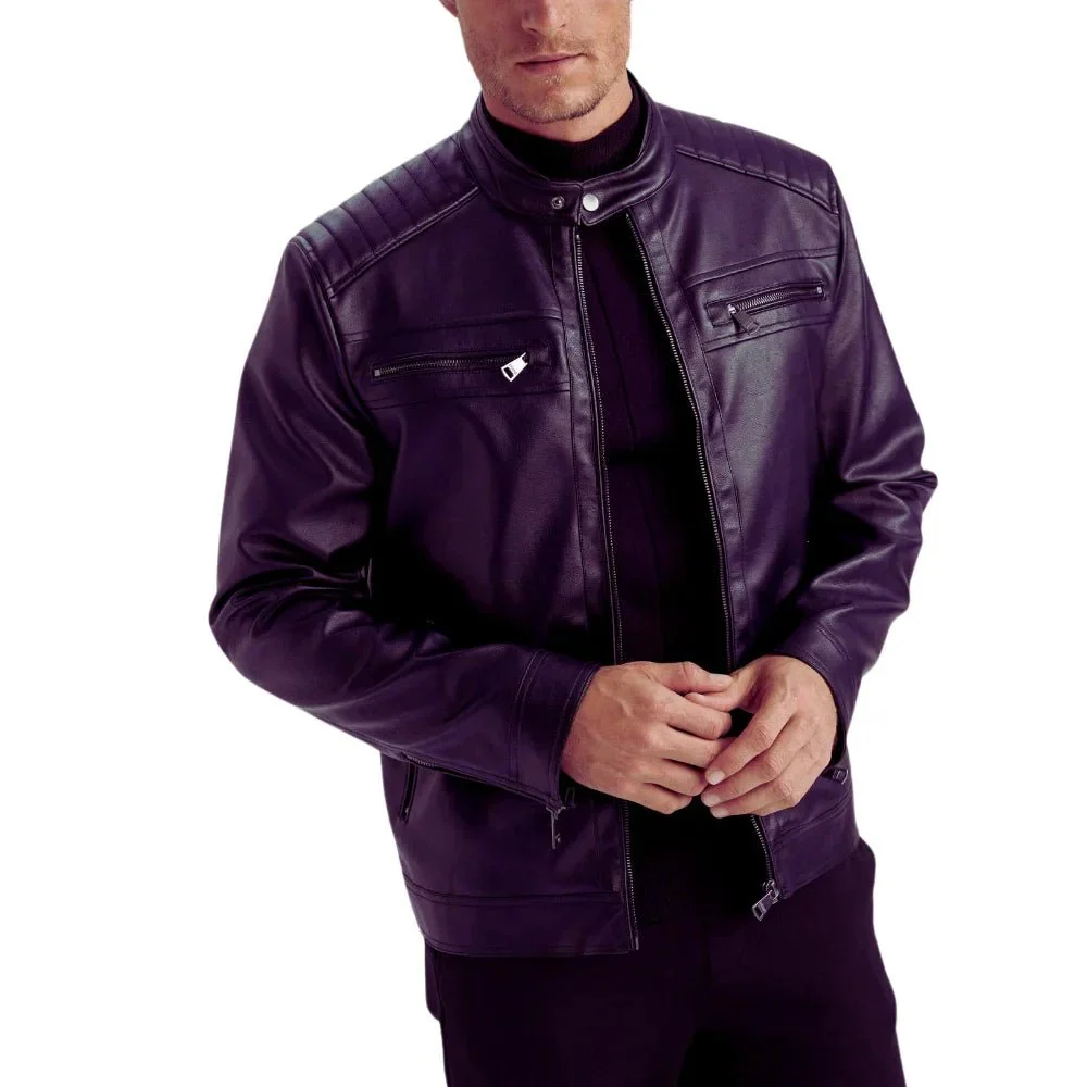 men's purple quilted biker leather jacket