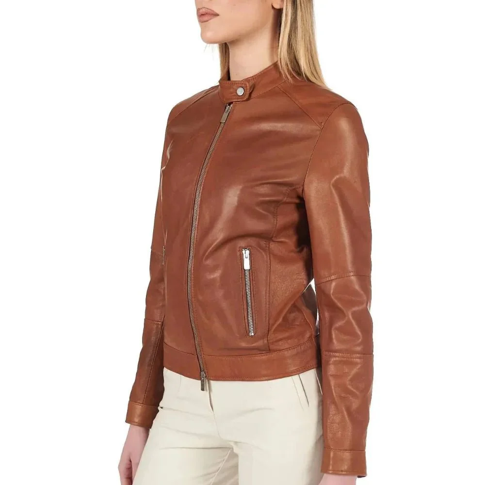 women's dark brown leather cafe racer jacket