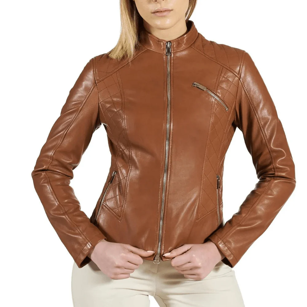 women's brown cafe racer leather motorcycle jacket