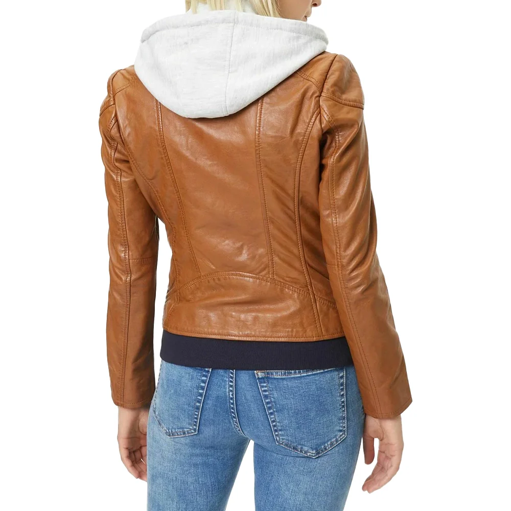 womens cognac brown leather motorcycle jacket with removable hood
